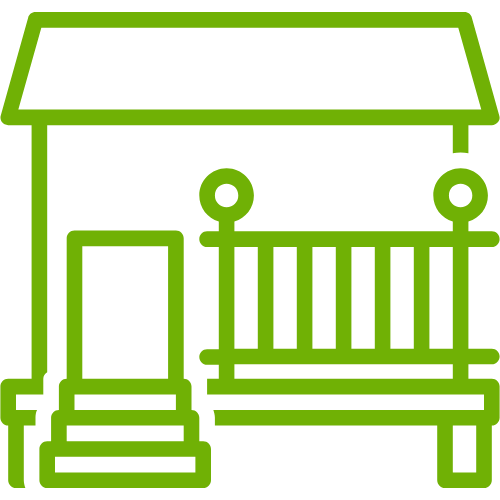 A green icon of a deck next to a house, with stairs