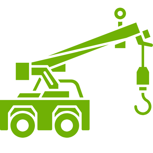 Green icon of a crane on a truck base