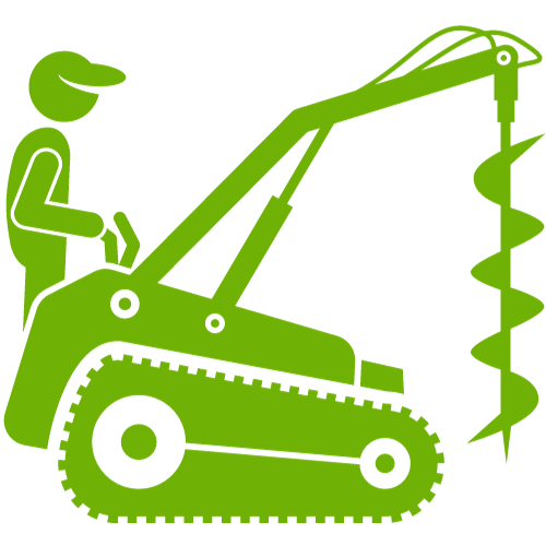 A green icon of a man operating a post hole digging auger tractor